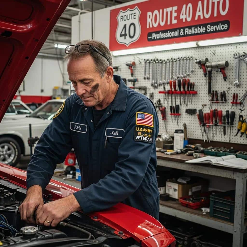 Veteran mechanic diligently repairing car at Route 40 Auto, emphasizing dedication and expertise in automotive repair.