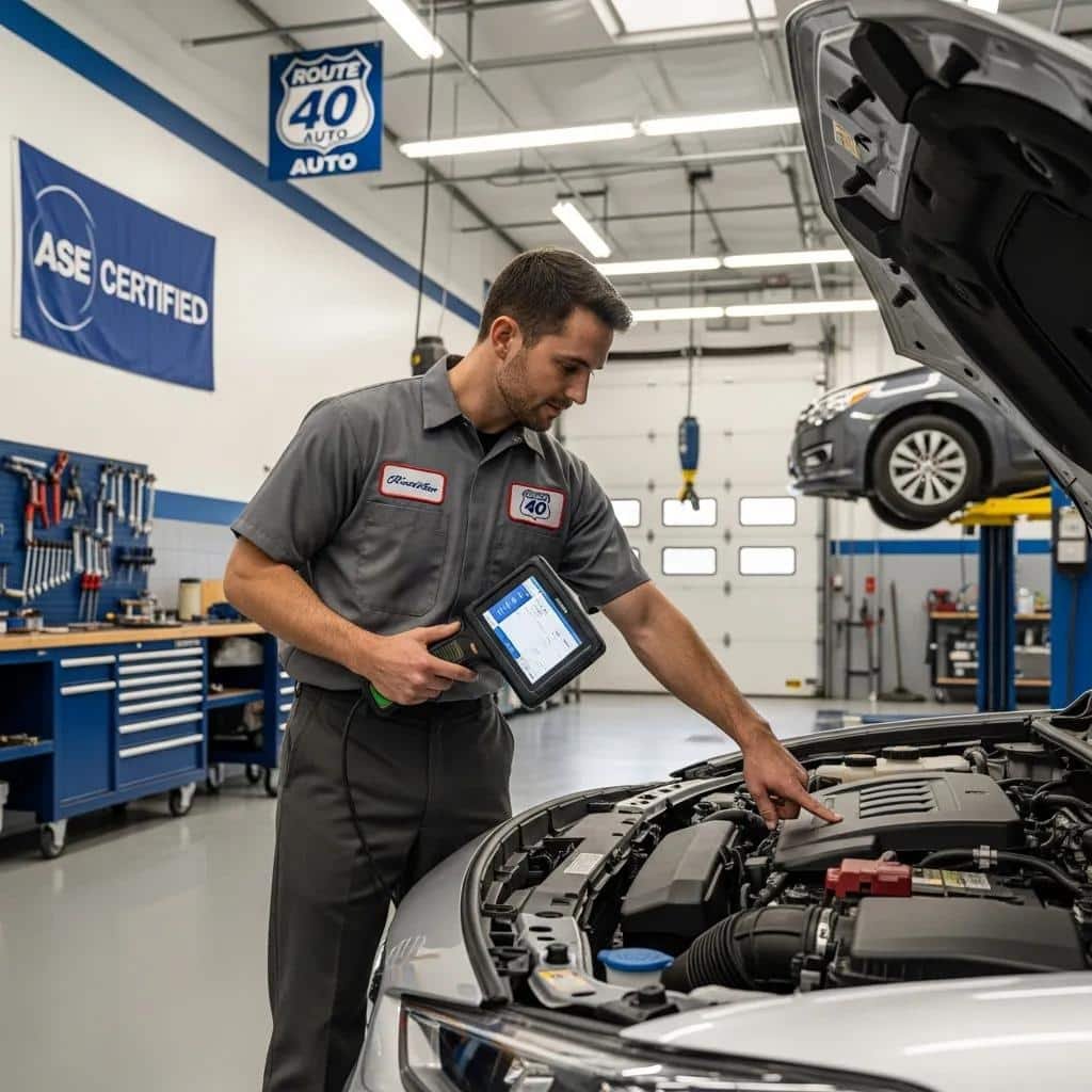 ASE-certified mechanic inspecting vehicle engine at Route 40 Auto, demonstrating professionalism and service quality.