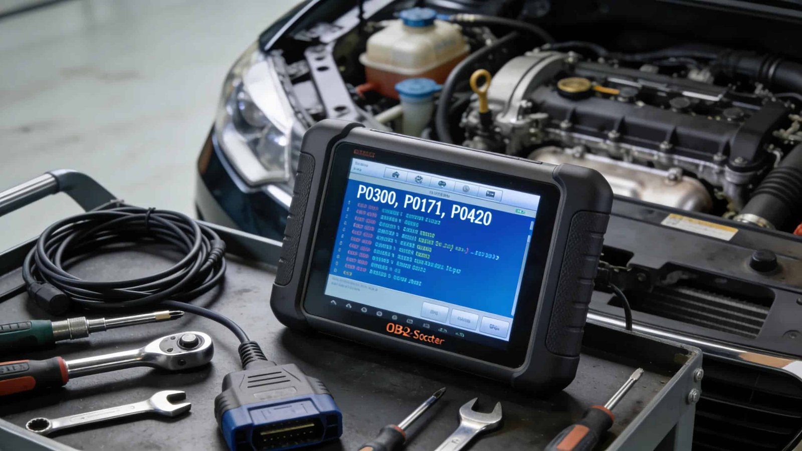 OBD-II scanner displaying engine fault codes P0300, P0171, P0420 during vehicle diagnostics at Route 40 Auto.