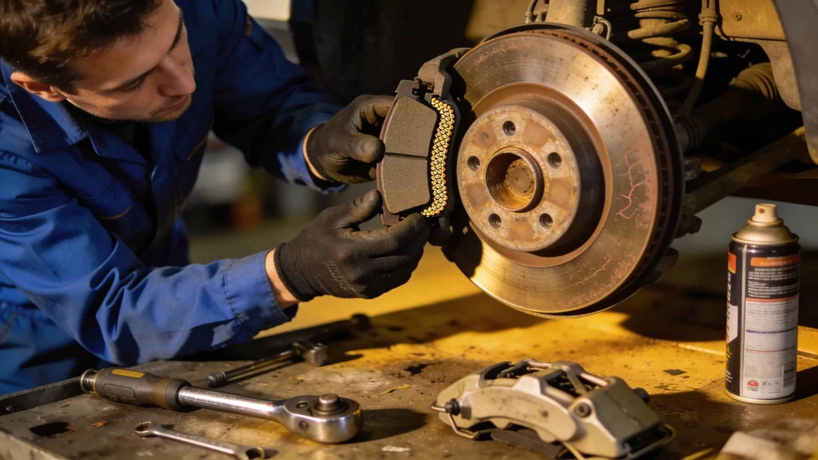 Route 40 Auto technician inspecting brake pads and rotors during vehicle brake inspection.
