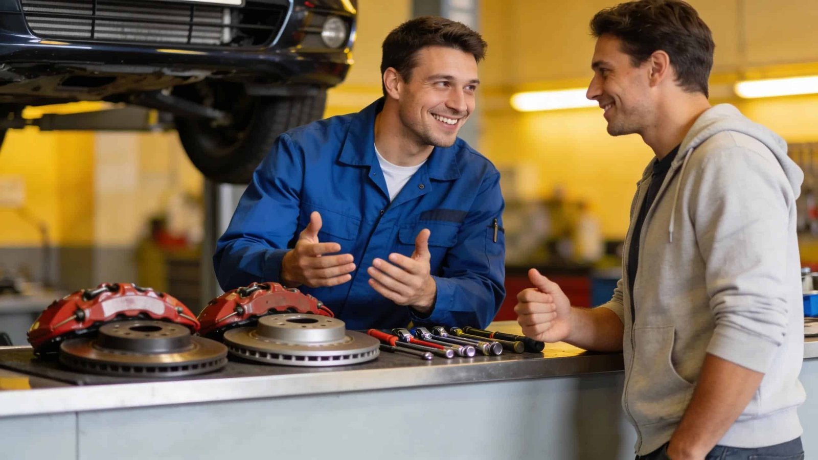 Route 40 Auto technician discussing brake repair with a customer.