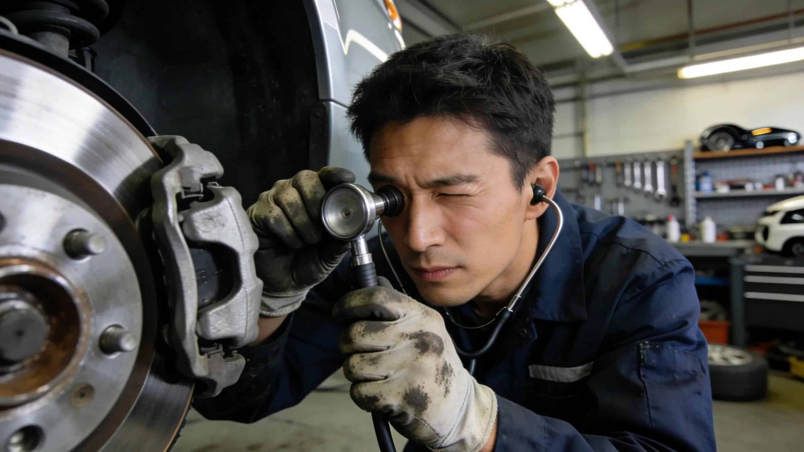 Route 40 Auto technician diagnosing brake noise with stethoscope and tools.