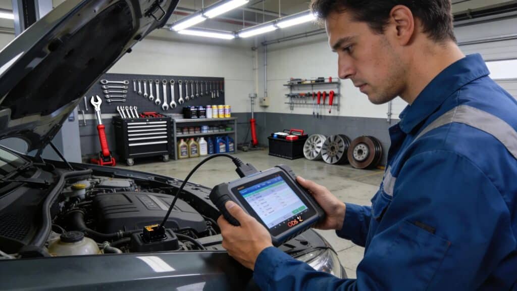 Route 40 Auto technician diagnosing vehicle with diagnostic tool and open car hood.