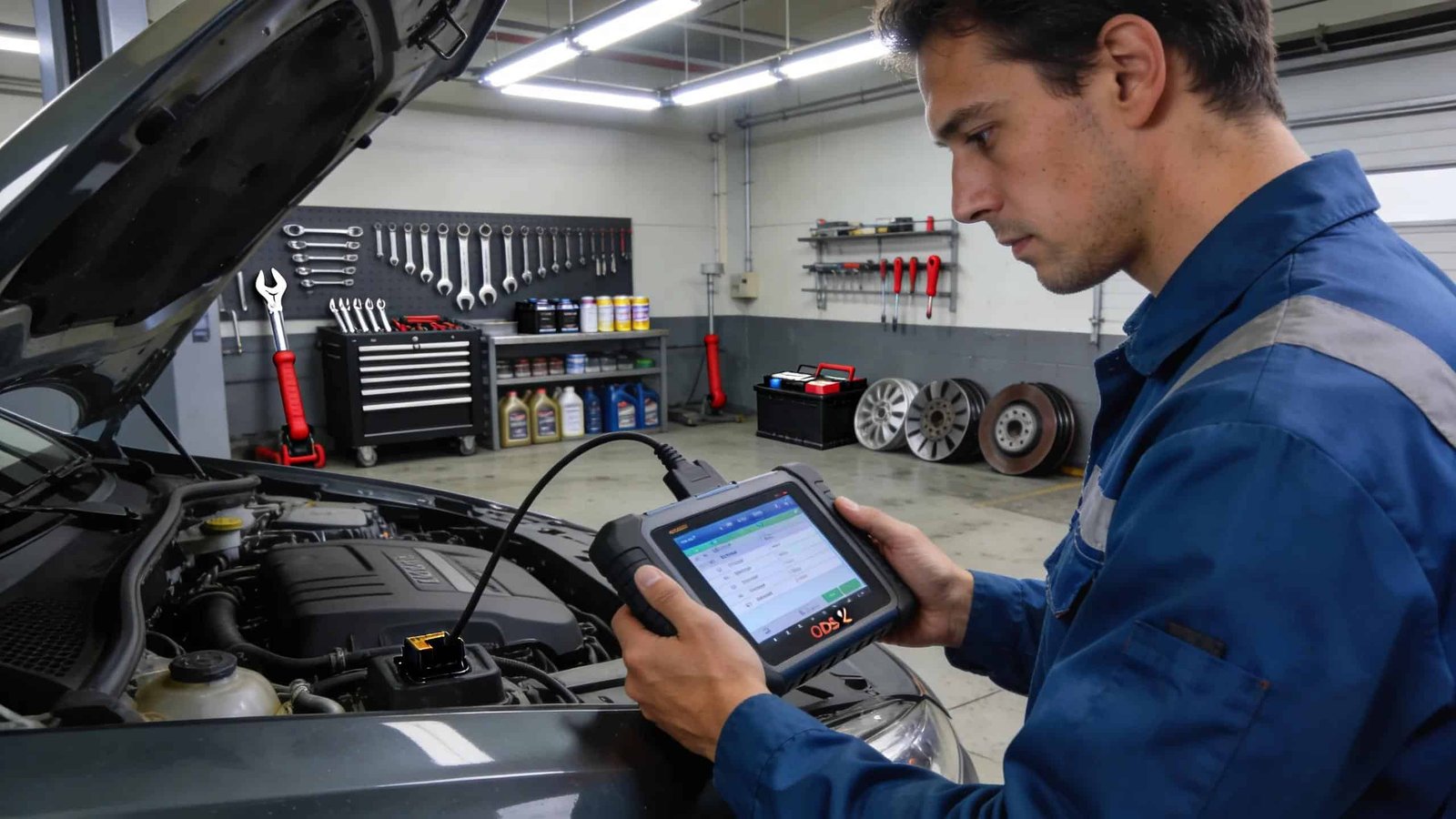Automotive technician performing OBD-II scan on vehicle engine in Bridgeport, OH.