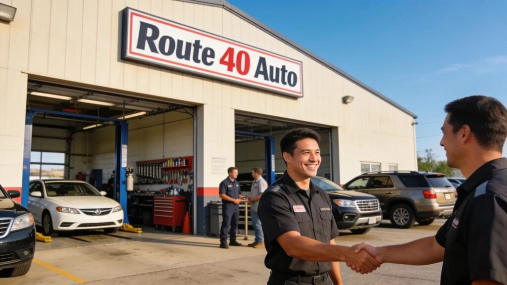 Route 40 Auto repair shop in Bridgeport, Ohio, with technicians and customer shaking hands.