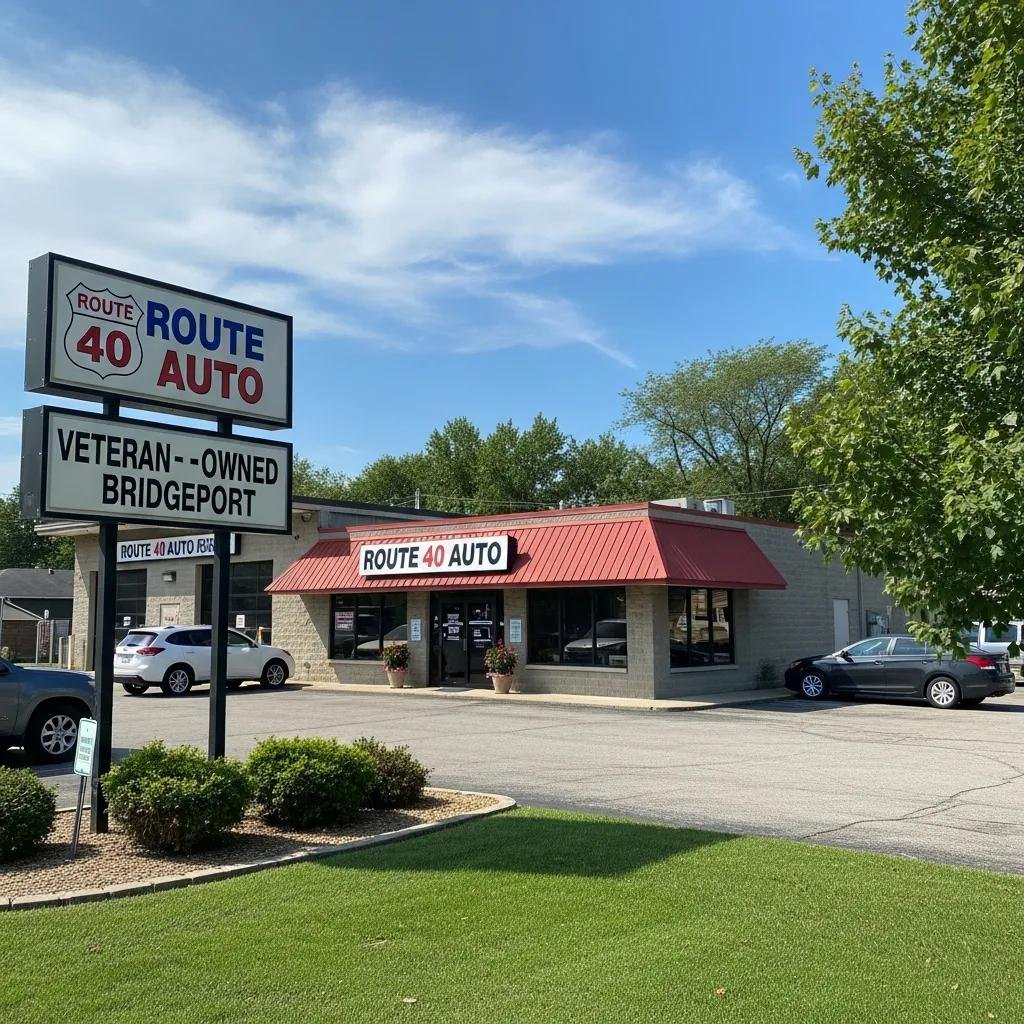 Route 40 Auto repair shop exterior in Bridgeport, Ohio, showcasing veteran-owned business signage and community values.