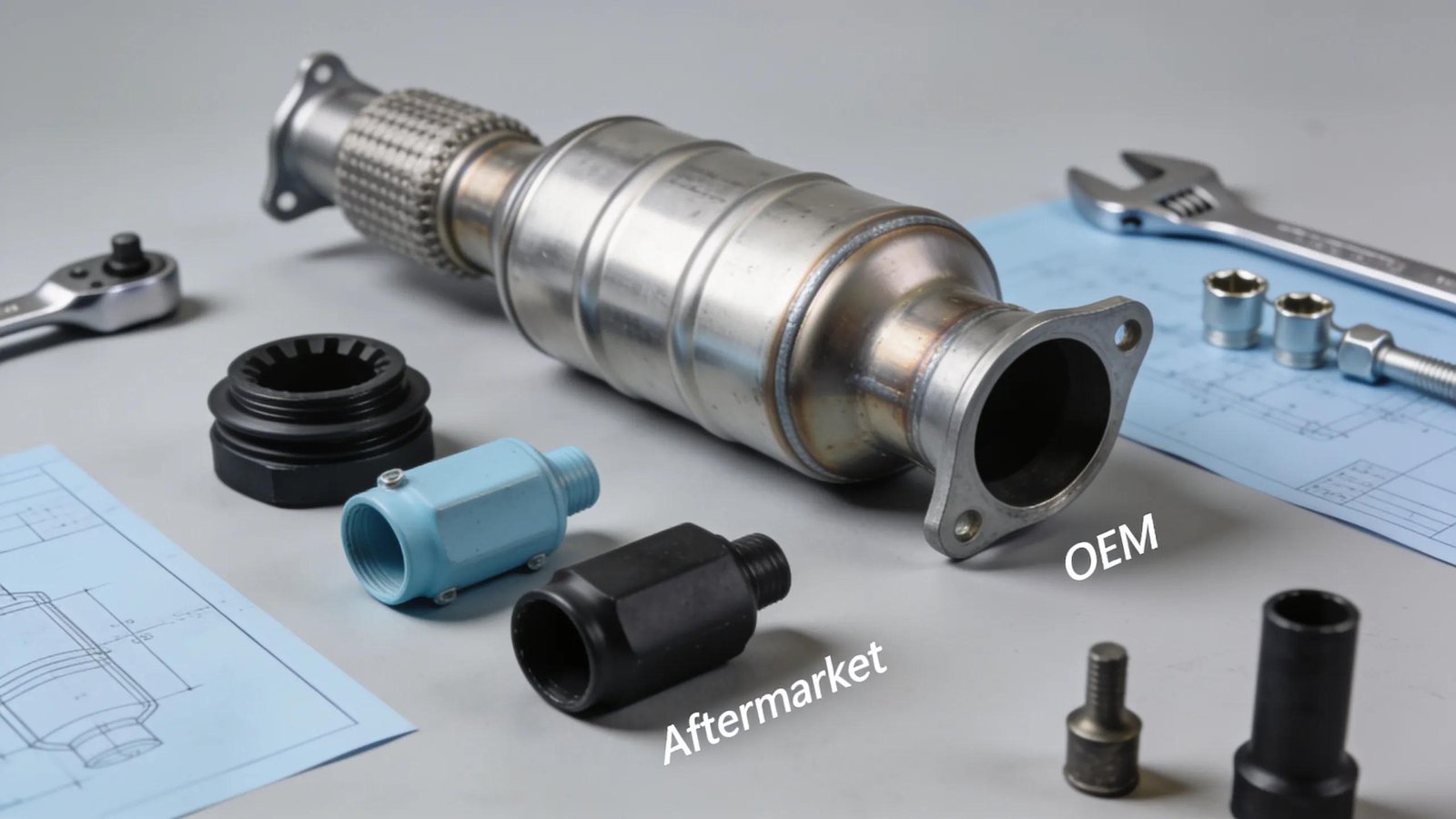 Catalytic converter replacement parts including OEM and aftermarket options with tools and blueprint.