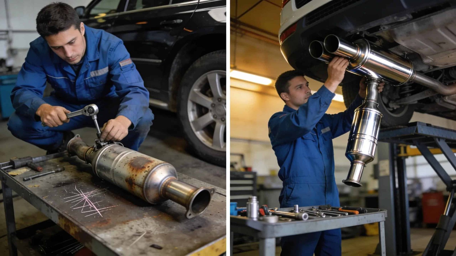Automotive technician inspecting and repairing catalytic converter underneath vehicle
