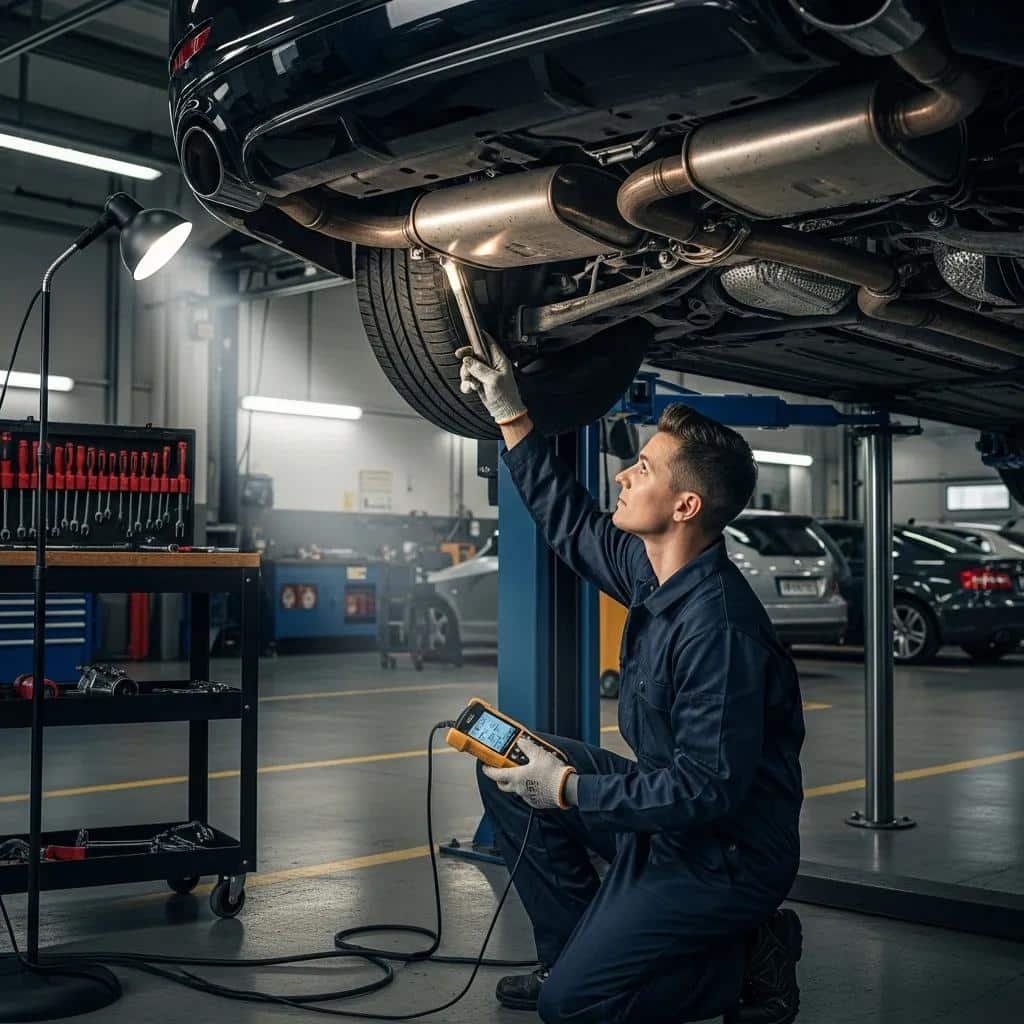 Mechanic inspecting vehicle's exhaust system for preventative maintenance at Route 40 Auto.