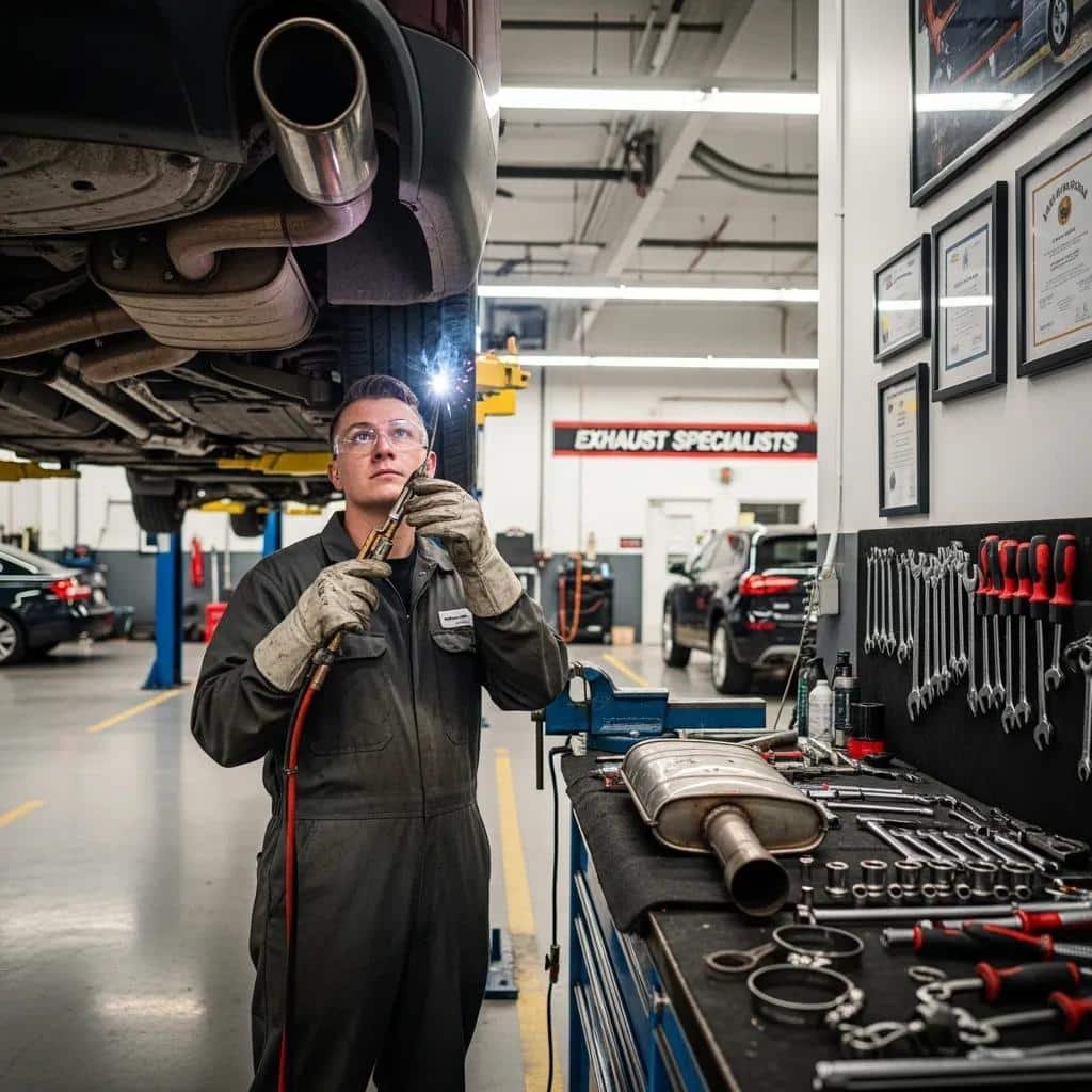Route 40 Auto mechanic welding vehicle exhaust system in Bridgeport auto shop.