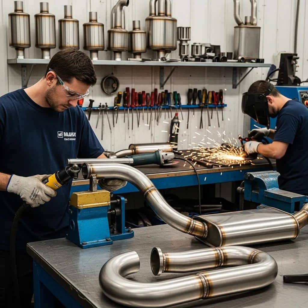 Route 40 Auto technician fabricating custom exhaust system in workshop, performance exhaust upgrades.